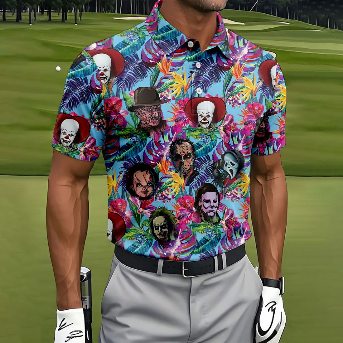 Tropical Horror Character Halloween Golf Shirt, Mens Golf Shirts, Golf Polo Shirts For Men