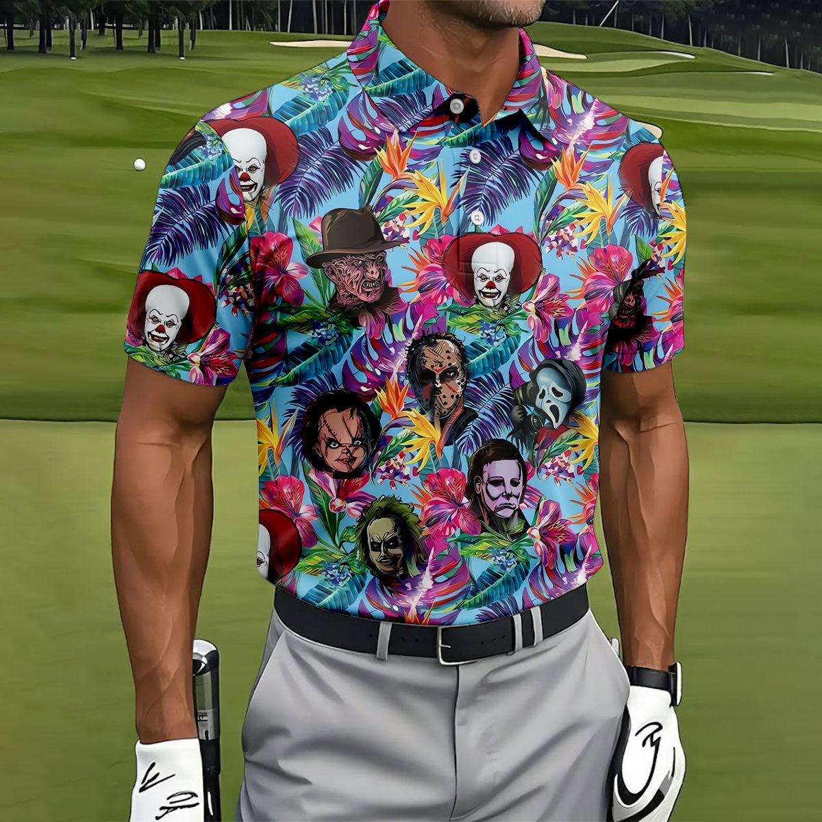Tropical Horror Character Halloween Golf Shirt, Mens Golf Shirts, Golf Polo Shirts For Men
