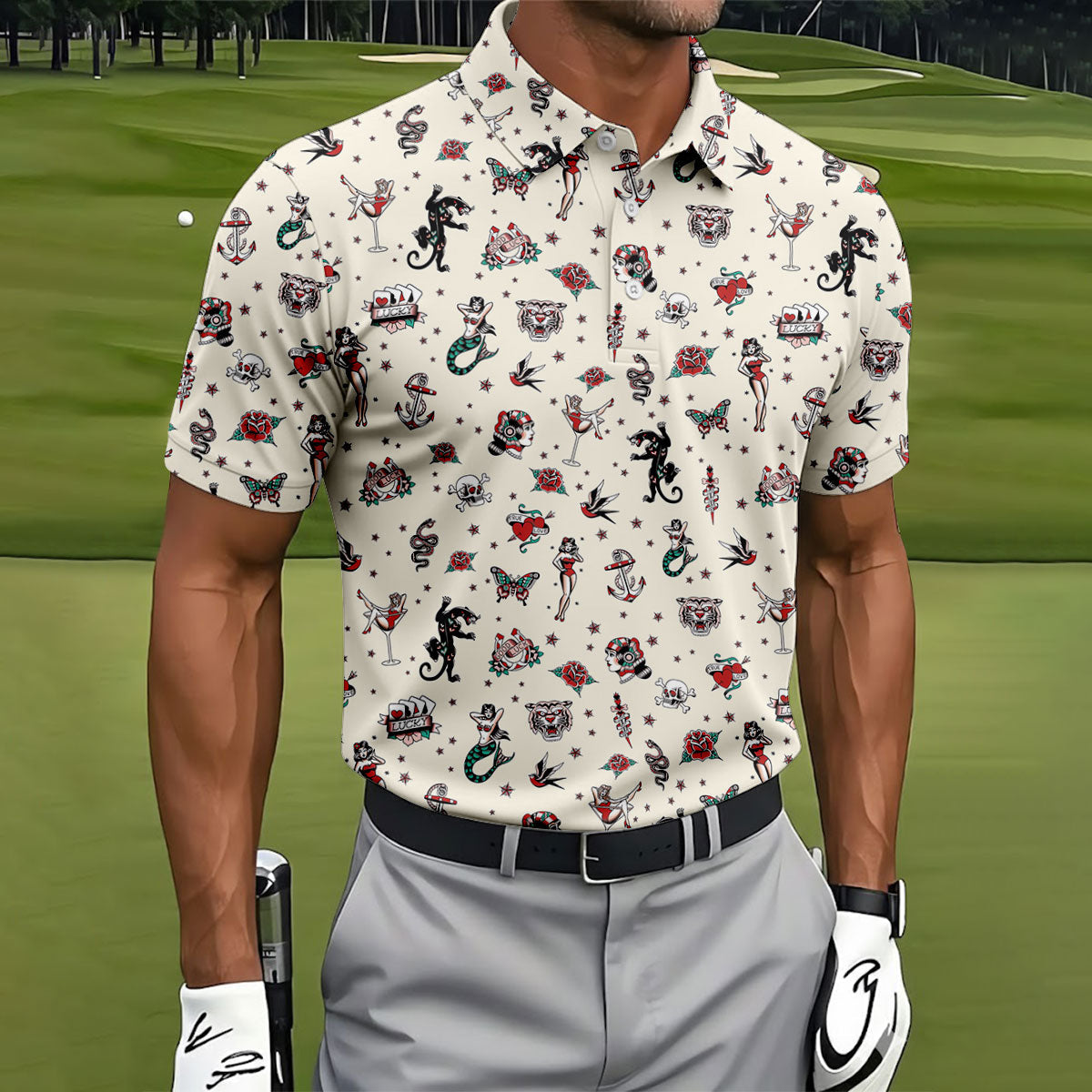 Old School Tattoo Flash Pattern Golf Polo Shirt, Men's Golf Shirt, Printed Golf Shirts