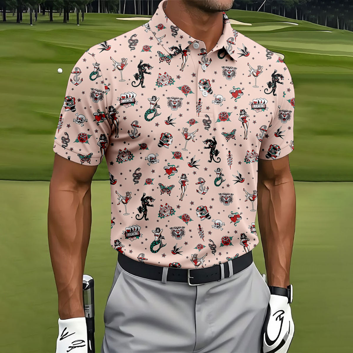 Vintage Tattoo Flash Icon Golf Polo Shirt, Golf Polo Shirts For Men, Mens Golf Apparel