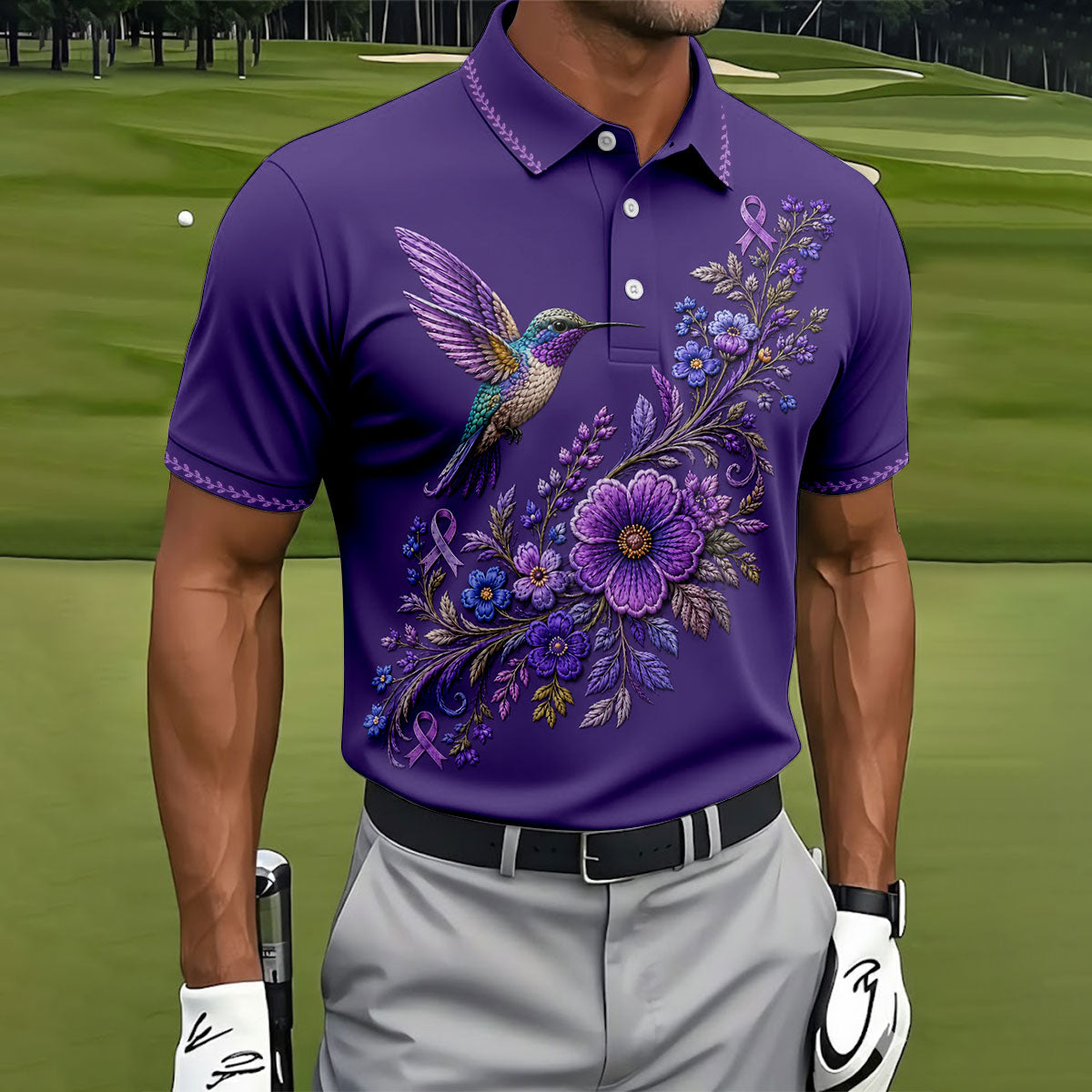 Purple Hummingbird Cancer Awareness Polo Shirt, Golf Shirts For Men, Mens Golf Apparel