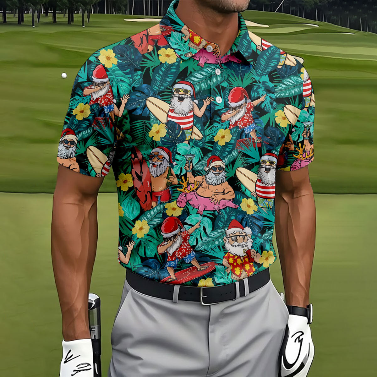 Men's Funny Santa Pool Float Golf Shirt, Christmas Golf Shirt, Golf Apparel For Men