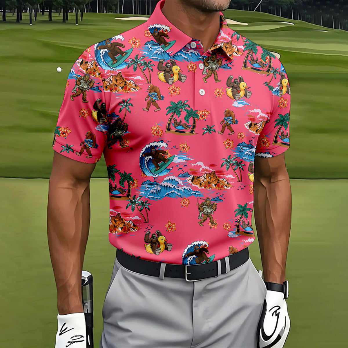 Pink Tropical Bigfoot Hawaiian Golf Polo Shirt, Men's Golf Shirt, Golf Polo Shirts For Men