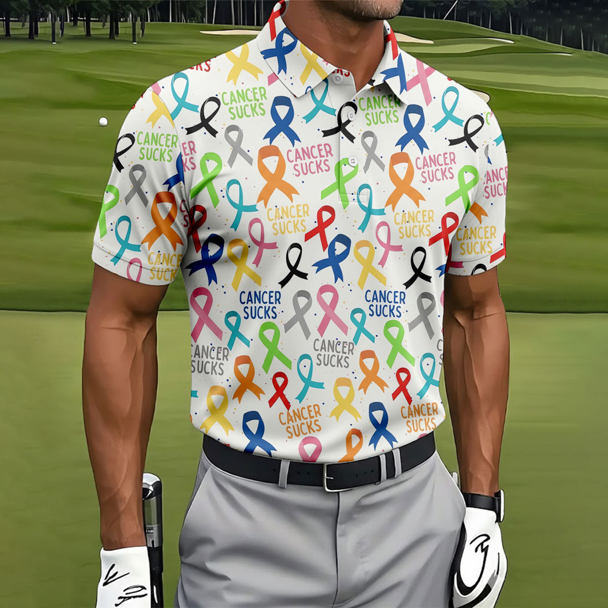 Cancer Sucks Multicolor Awareness Ribbon Polo Shirt, Mens Golf Polo, Printed Golf Shirts