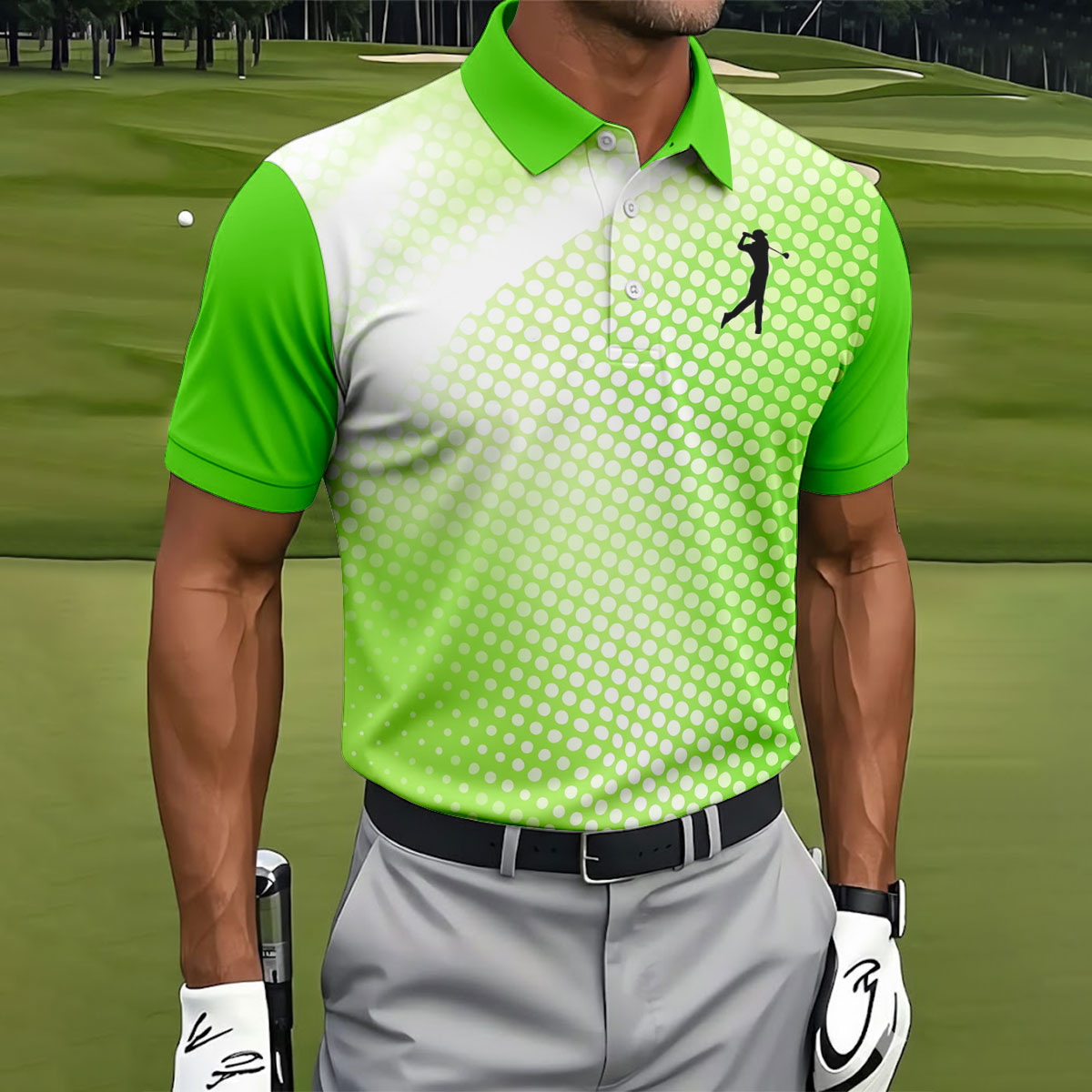 Green White Gradient Polka Dot Golf Shirt, Polo Shirts For Men, Golf Shirts For Men