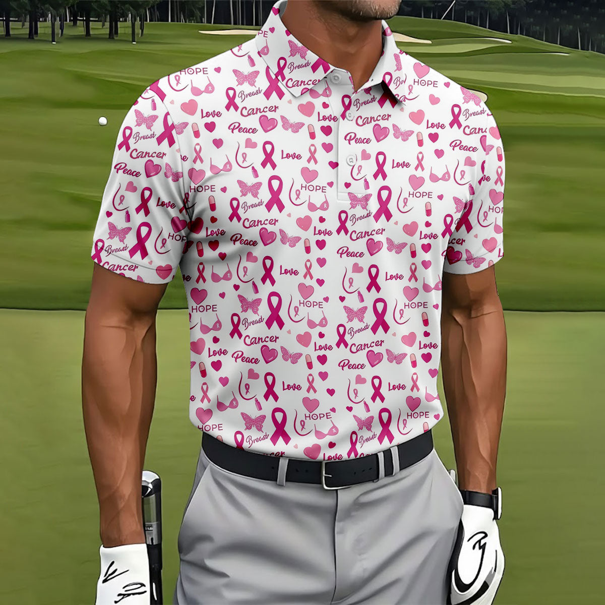 Love Hope Peace Butterfly Breast Cancer Polo Shirt, Mens Golf Polo, Printed Golf Shirts