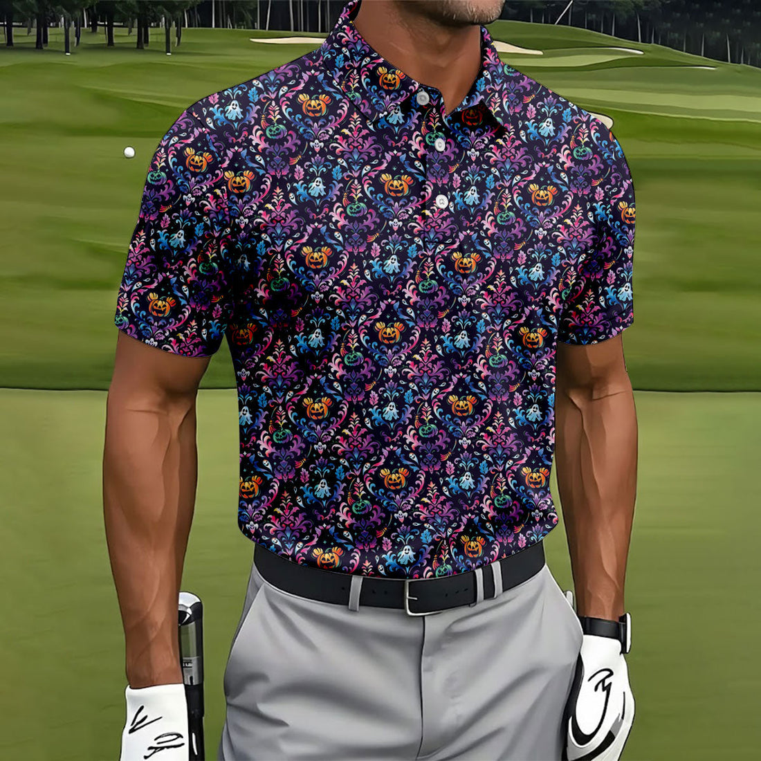 Colorful Ghost Pumpkin Floral Halloween Polo Shirt, Mens Golf Polo, Printed Golf Shirts