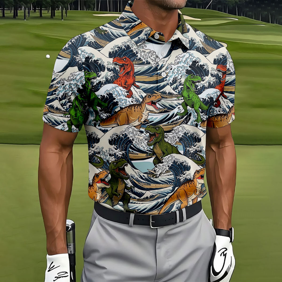 T Rex Surfing Great Wave Golf Polo Shirt, Men's Golf Shirt, Printed Golf Shirts