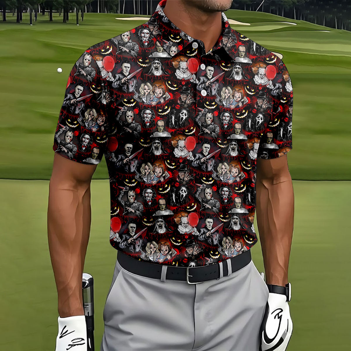 Horror Character Halloween Pattern Golf Polo Shirt, Mens Golf Shirts, Hawaiian Golf Shirt
