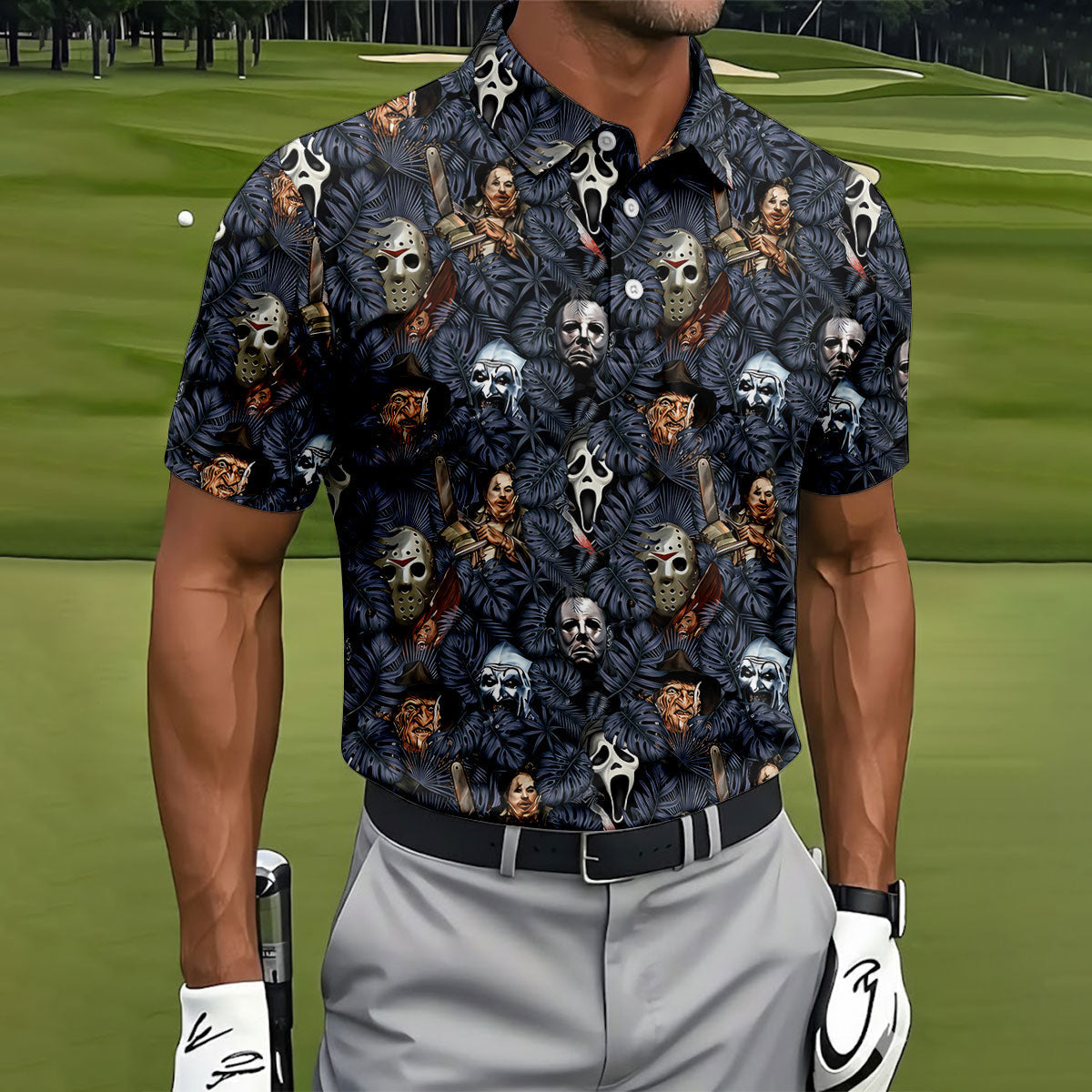 Tropical Horror Character Halloween Golf Shirt, Printed Golf Shirts, Golf Polo Shirts For Men