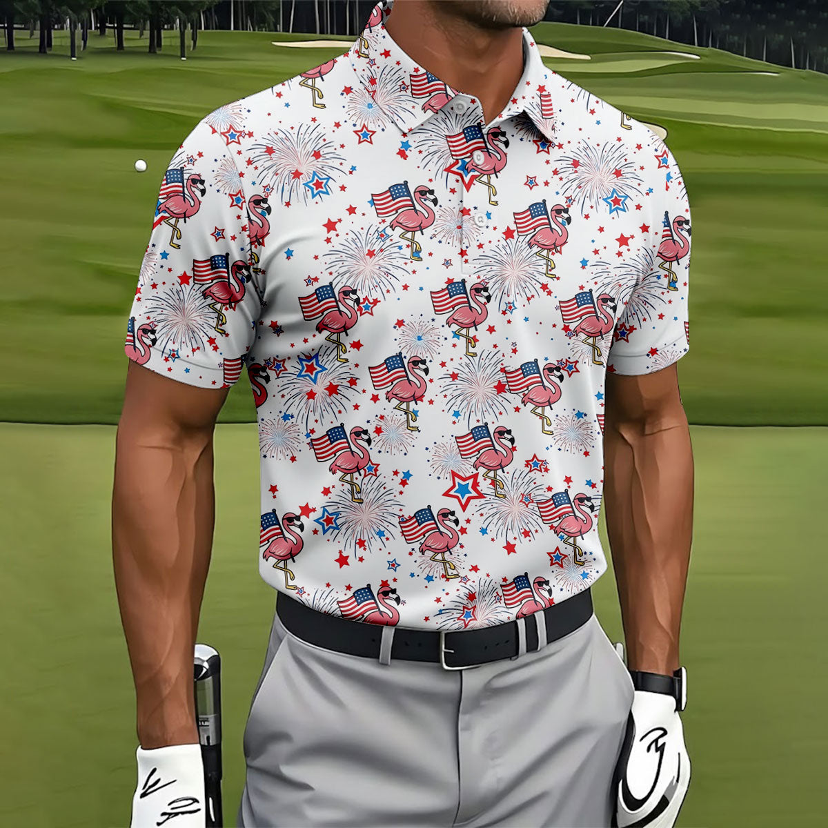 Patriotic Flamingo American Flag Polo Shirt, Mens Golf Polo, Golf Shirts For Men