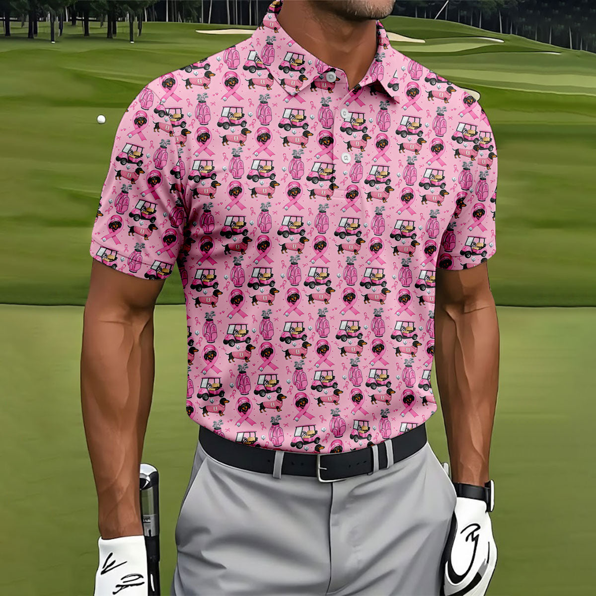 Cute Dog Golf Cart Breast Cancer Ribbon Polo Shirt, Men's Golf Shirt, Mens Golf Apparel