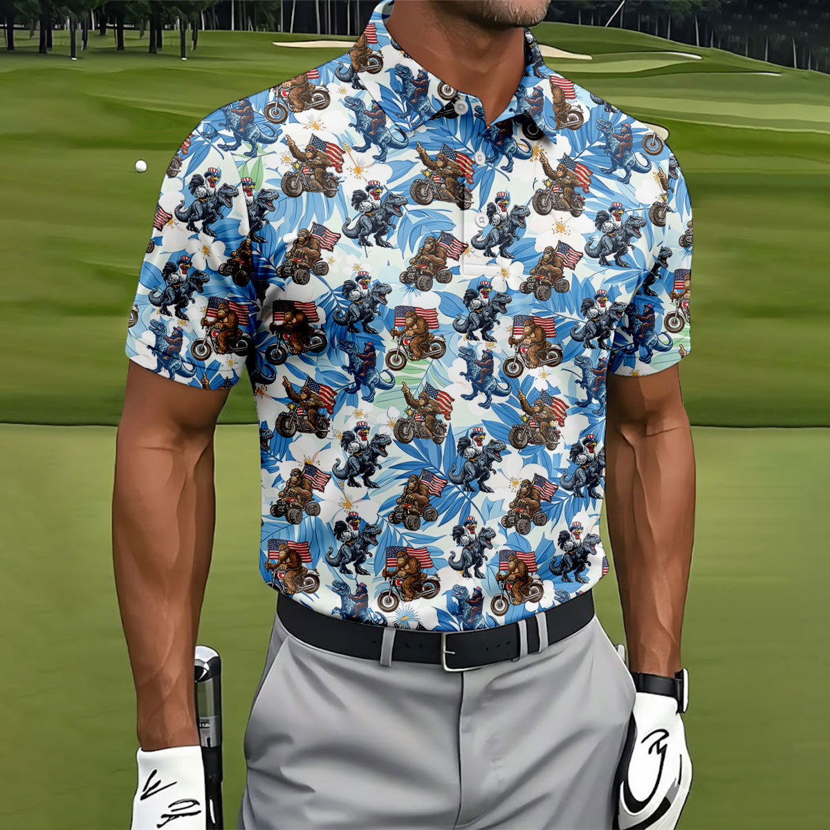 Patriotic Bald Eagle Funny T-Rex Bigfoot Hawaiian Golf Shirt, 250 Years 4th Of July Golf Shirts For Men