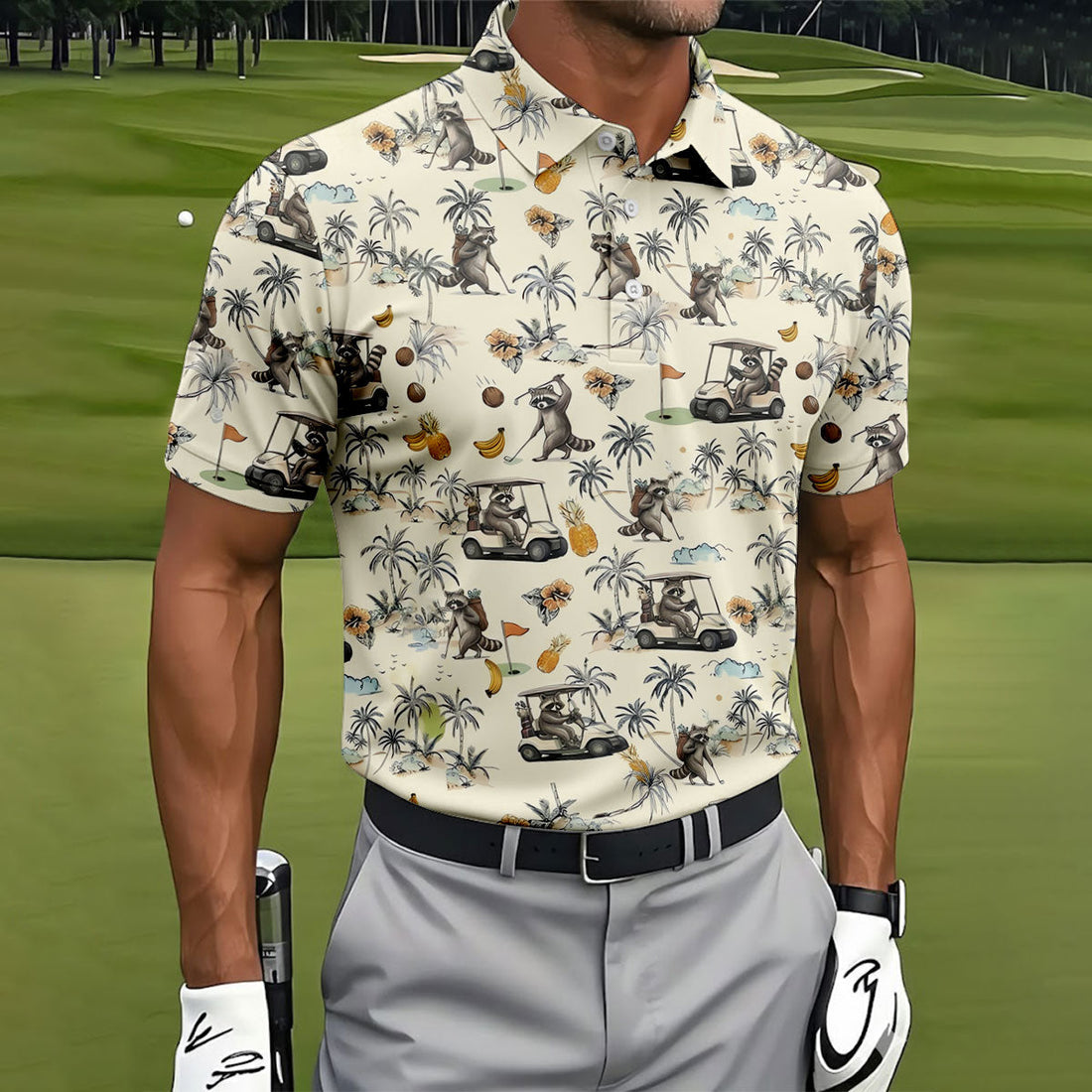 Funny Raccoon Golf Cart Tropical Pattern Polo Shirt, Mens Golf Polo, Golf Apparel For Men