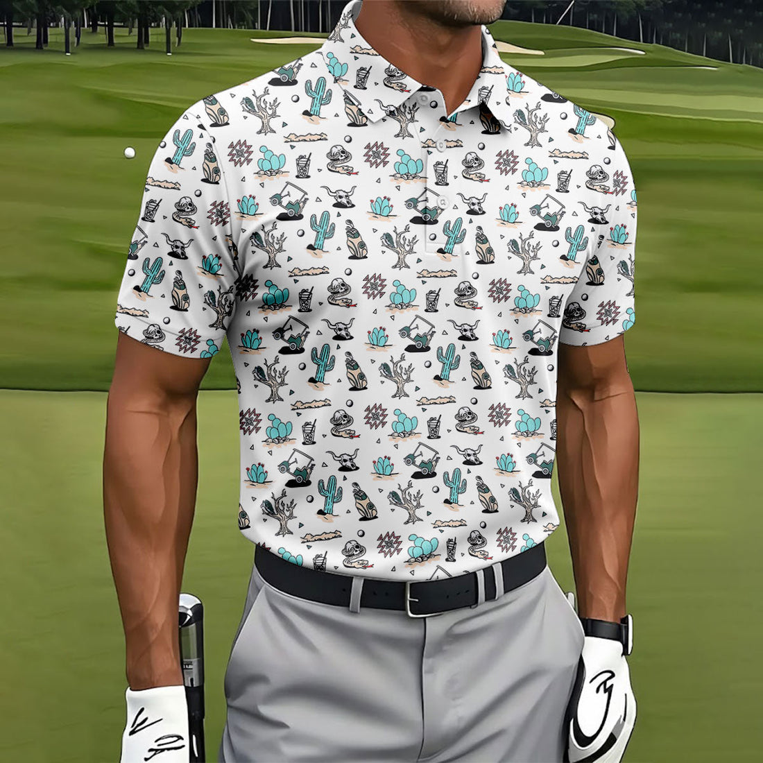 White Desert Golf Pattern Golf Polo Shirt, Golf Polo Shirts For Men, Hawaiian Golf Shirt