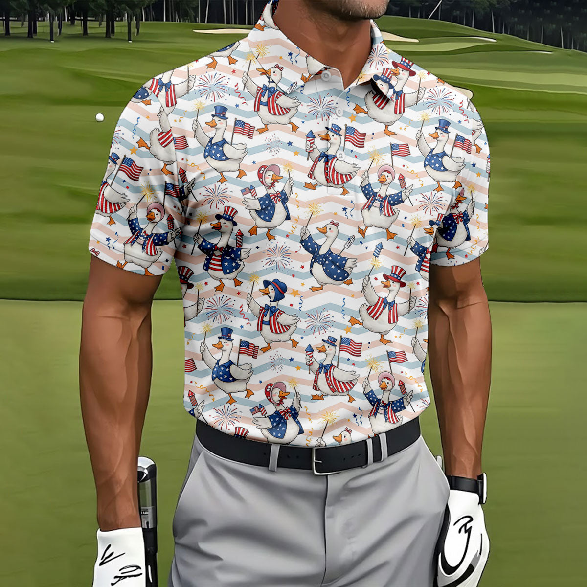 Patriotic Duck American Flag Fireworks Polo Shirt, Mens Golf Polo, Golf Shirts For Men