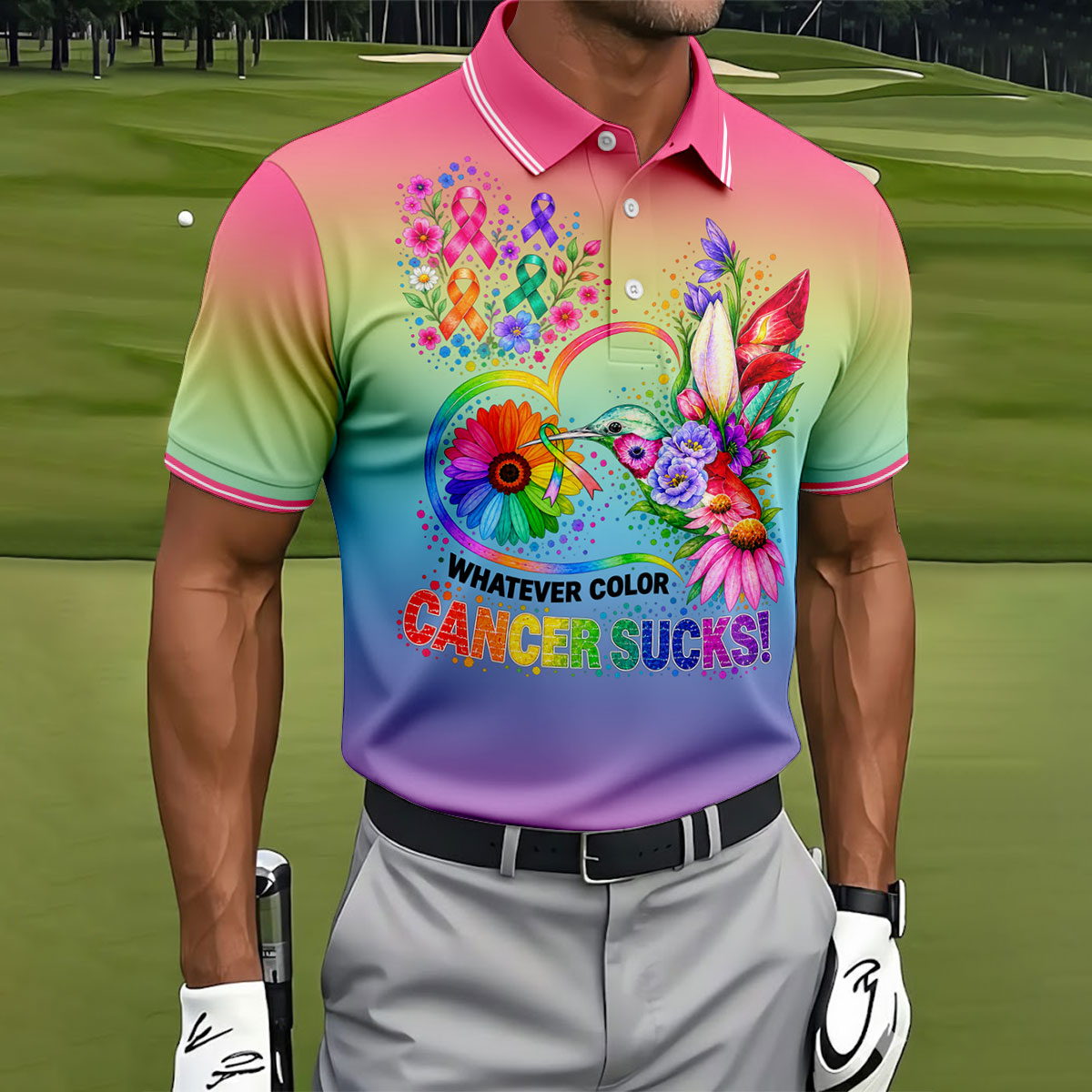 Whatever Color Cancer Sucks Hummingbird Polo Shirt, Mens Golf Polo, Men's Golf Shirt