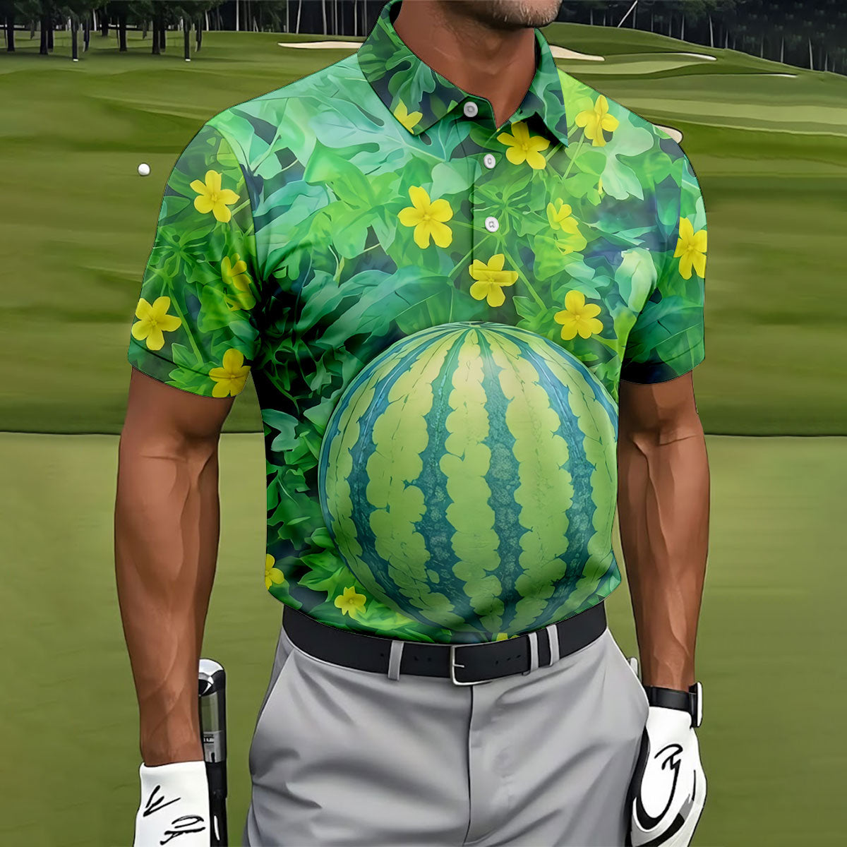 Funny Watermelon Belly Illusion Golf Polo Shirt, Mens Golf Polo, Hawaiian Golf Shirt