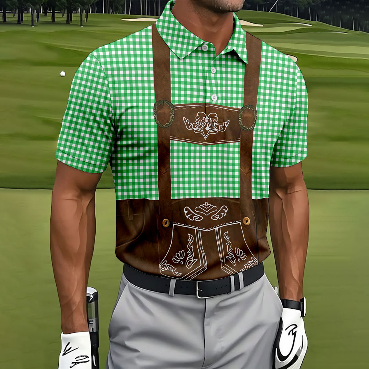 Green Oktoberfest Lederhosen Illusion Sleeveless Golf Polo, Men's Golf Shirt, Golf Polo Shirts For Men
