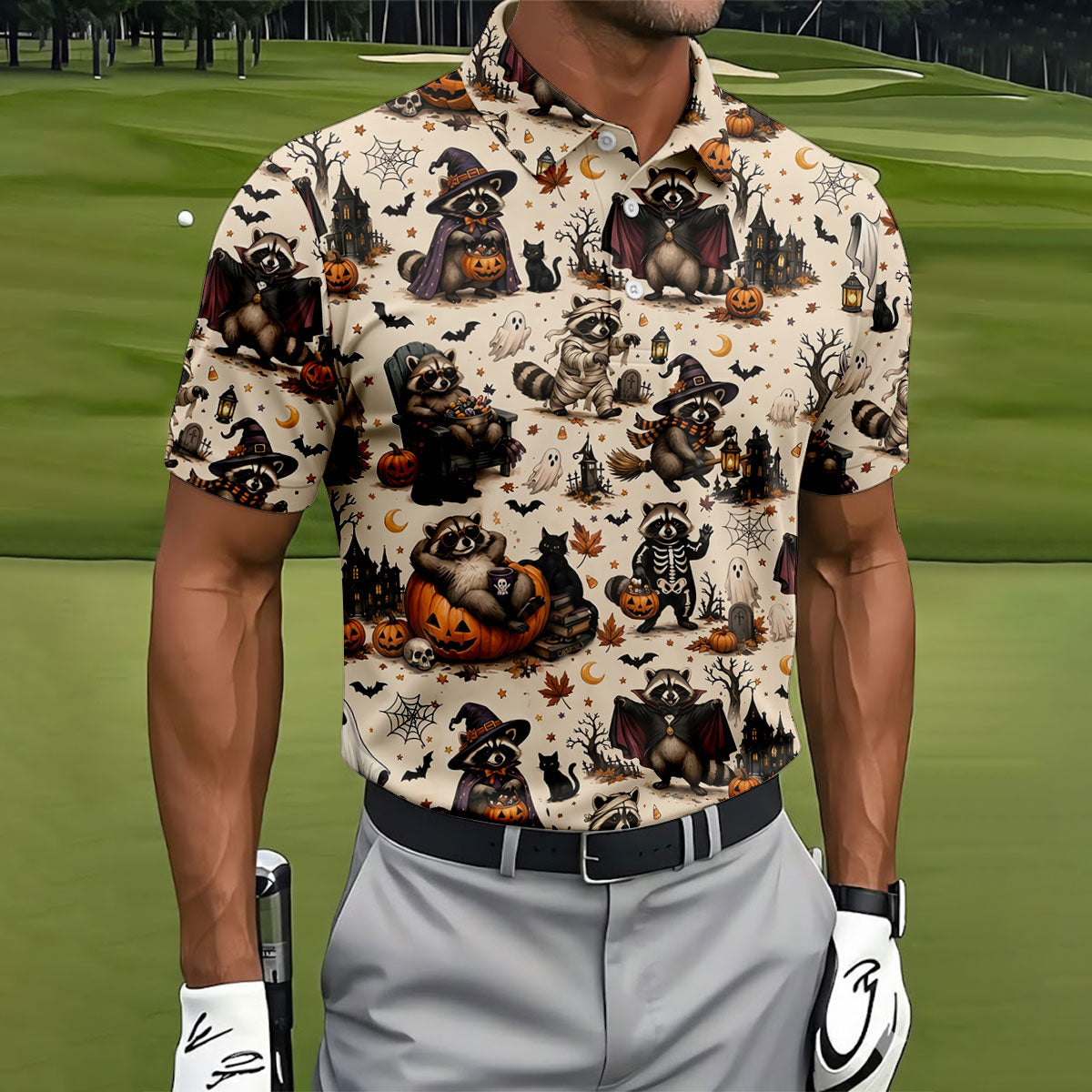 Jimothy Raccoon Costume Halloween Golf Polo Shirt, Golf Clothing, Mens Golf Shirt