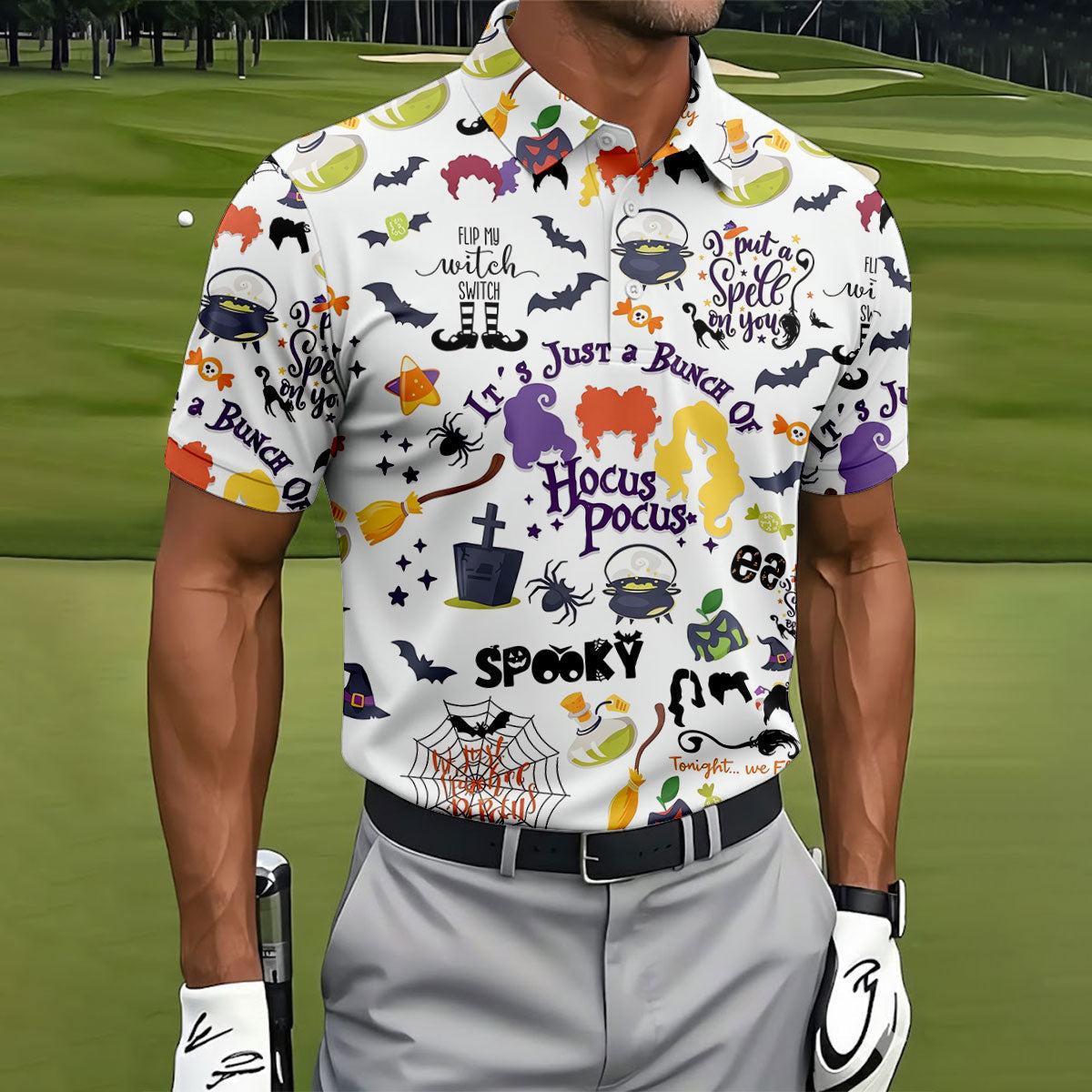 Halloween Witch Pattern Golf Polo Shirt, Mens Golf Shirts, Golf Apparel For Men