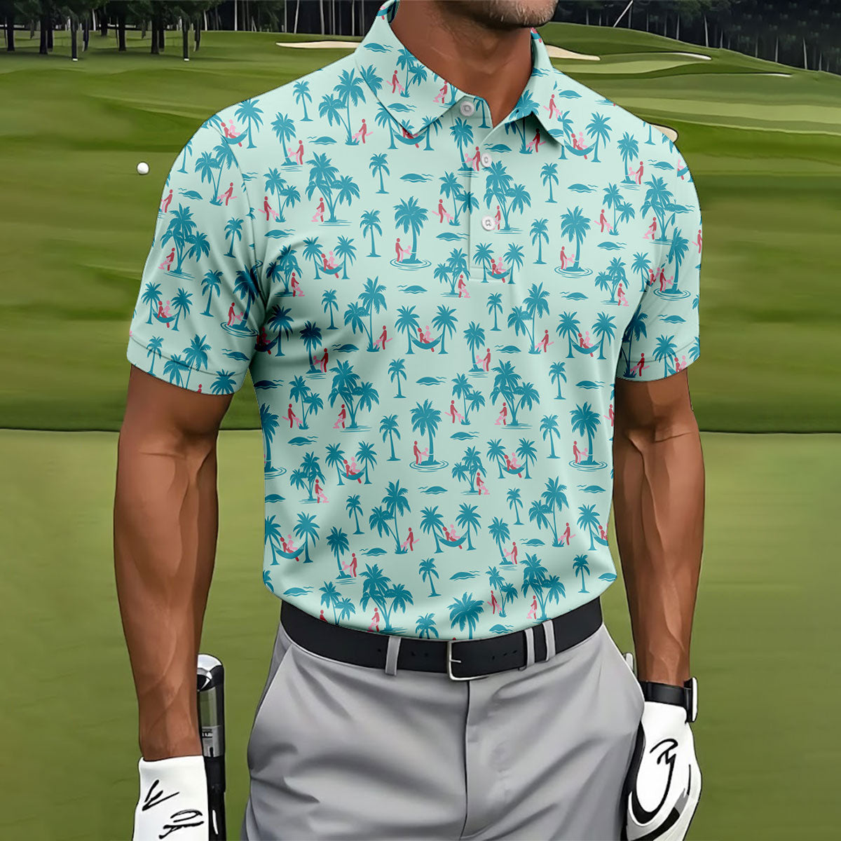 Funny Tropical Couple Beach Pattern Men's Golf Shirt, Hawaiian Golf Shirt, Golf Apparel For Men
