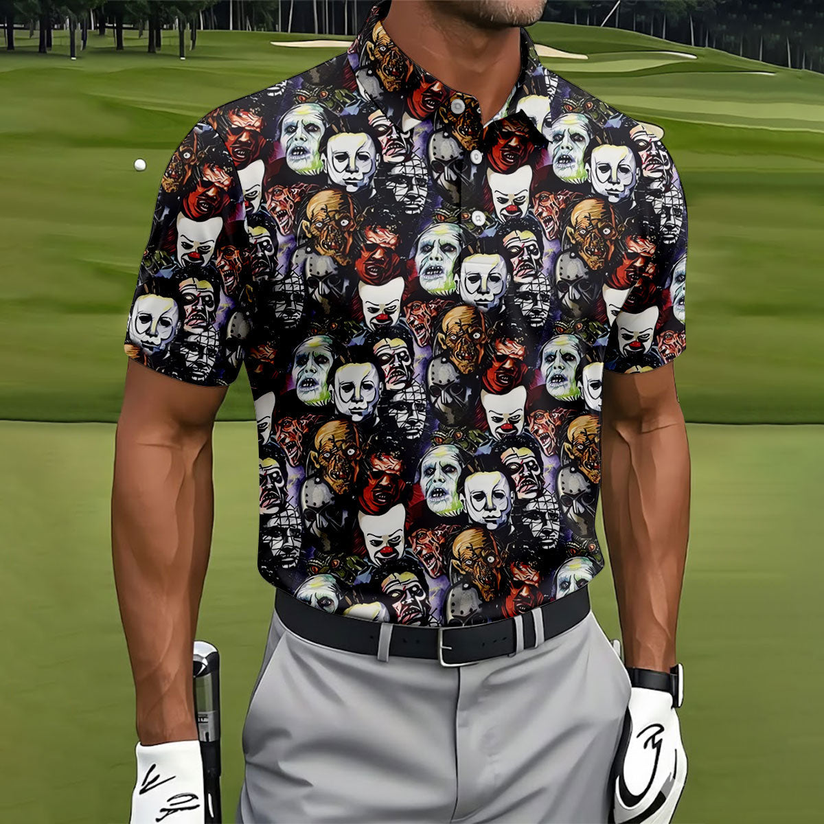Horror Character Movie Villain Collage Golf Polo Shirt, Men's Golf Polo, Hawaiian Golf Shirt