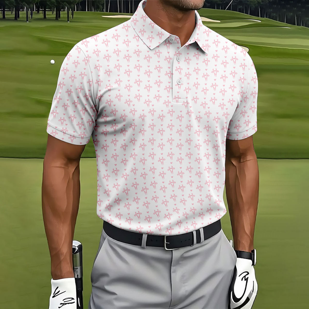 White Pink Funny Adult Pattern Polo Shirt, Golf Shirts For Men, Mens Golf Polo