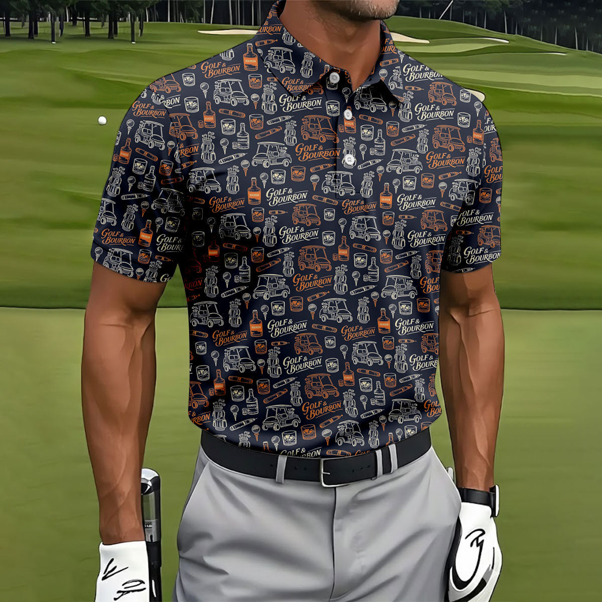 Funny Golf Bourbon Cigar Pattern Polo Shirt, Golf Polo Shirts For Men, Mens Golf Apparel