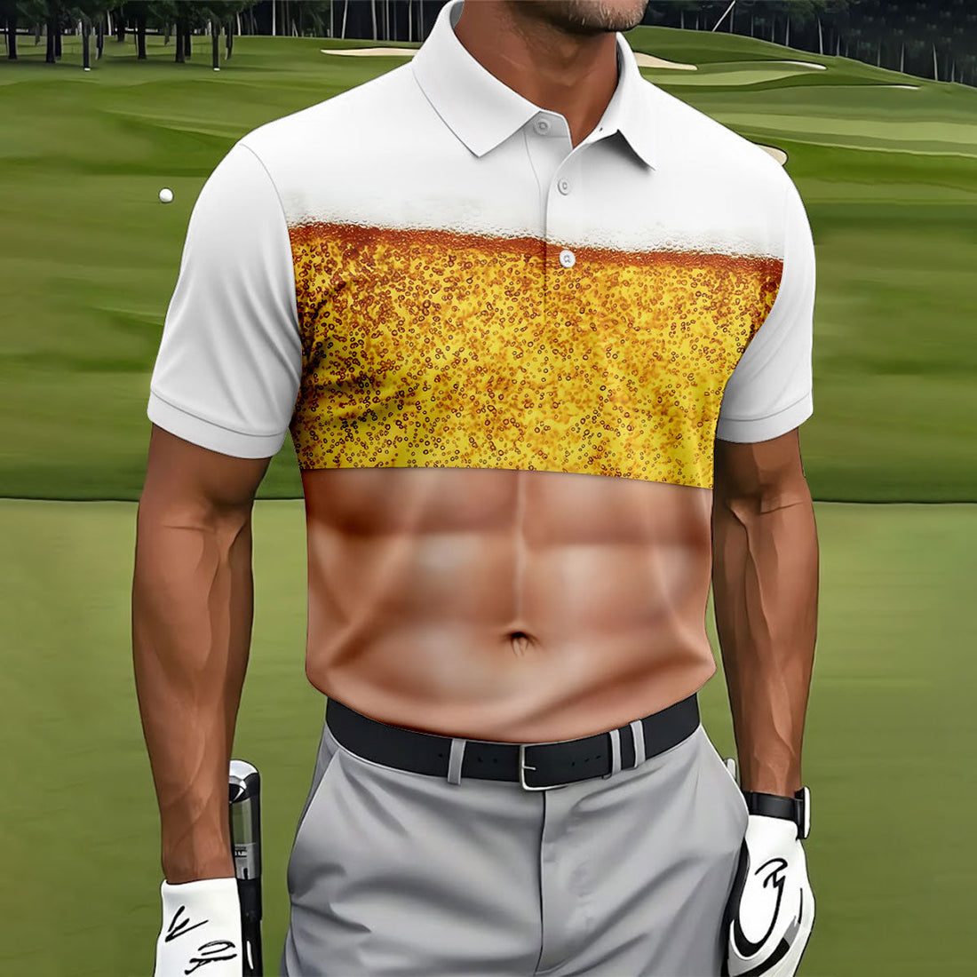 Bubbly Beer Foam Faux Abs Sleeveless Crop Golf Shirt, Printed Golf Shirts, Mens Golf Apparel