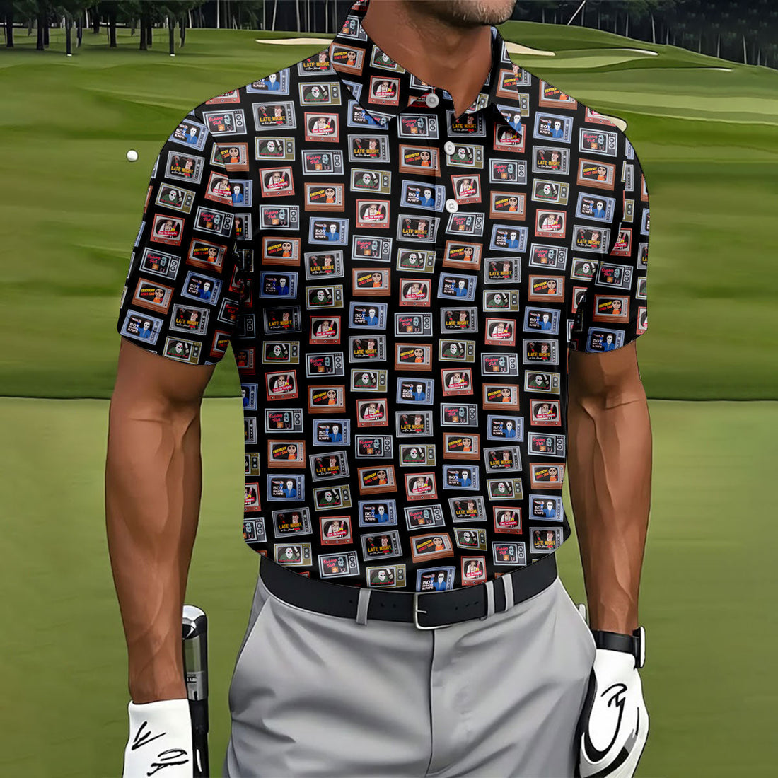 Horror Characters On Vintage TVs Halloween Polo Shirt, Mens Golf Polo, Polo Shirts For Men