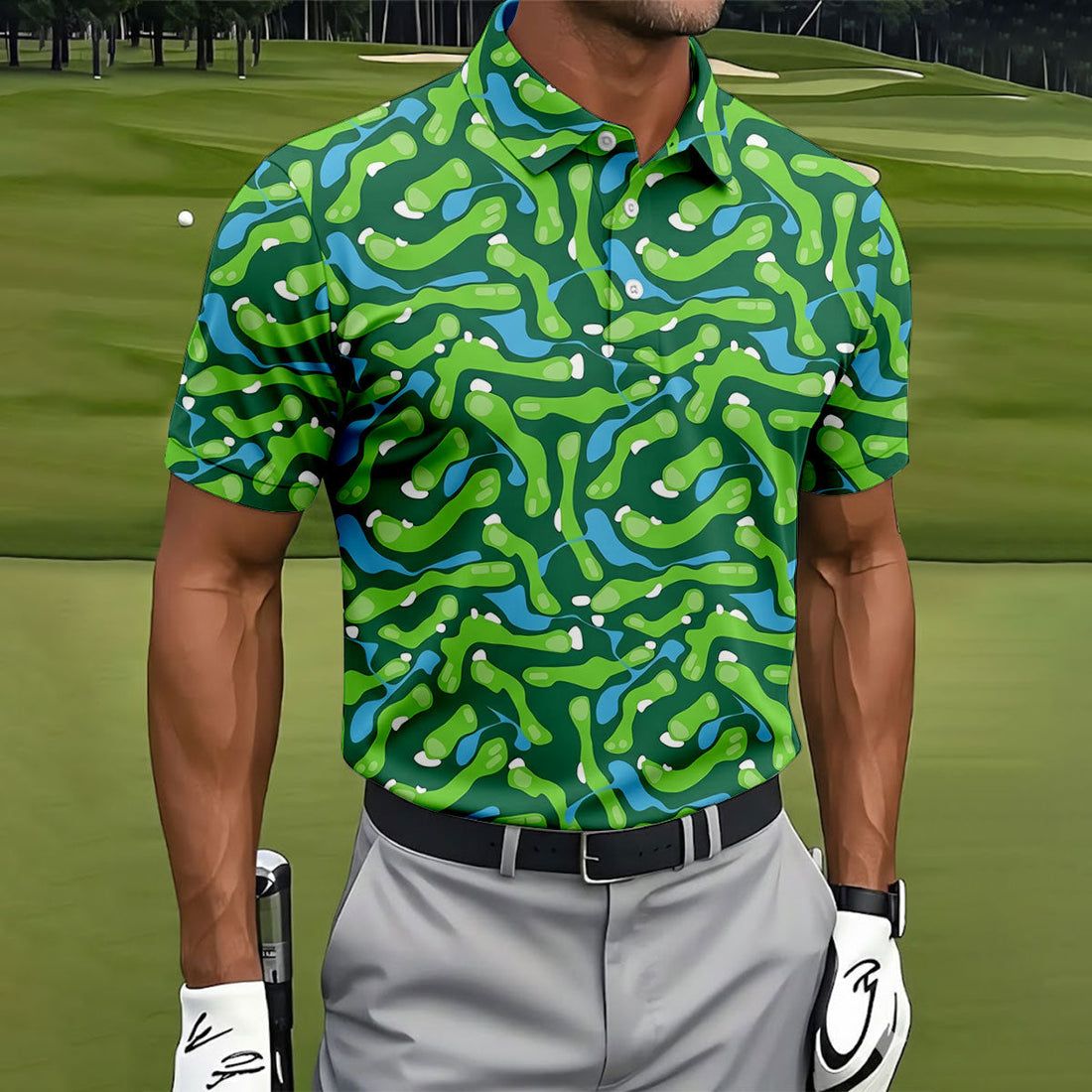 Golf Course Layout Golf Shirt, Fairway Water Hazard Pattern, Golf Shirt For Men