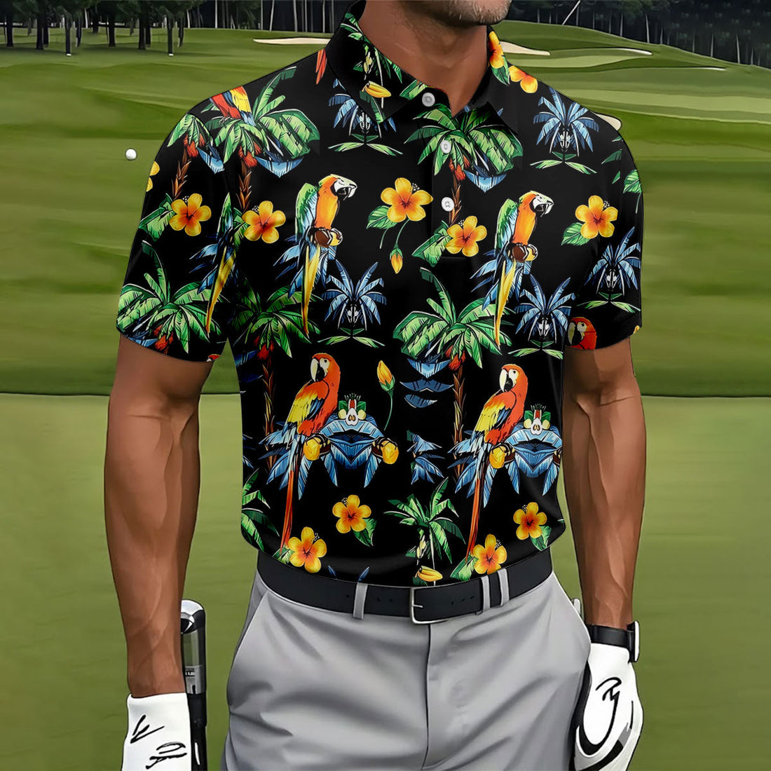 Black Tropical Parrot Palm Flower Pattern Golf Shirt, Men's Golf Shirt, Mens Polo Shirts, Hawaiian Golf Shirt