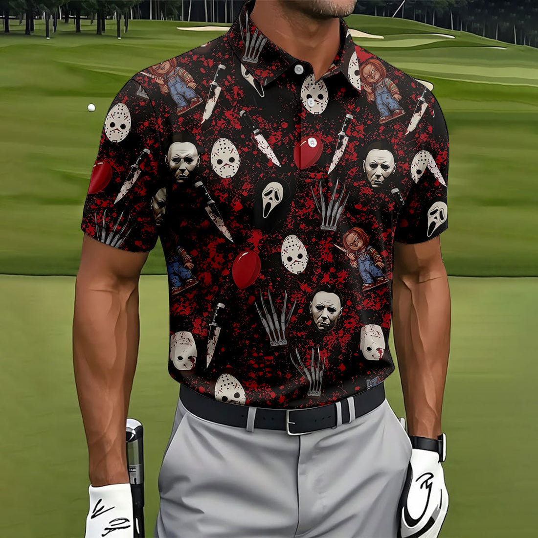 Halloween Horror Character Mask Pattern Hawaiian Golf Shirt, Men's Golf Shirt, Mens Golf Polo