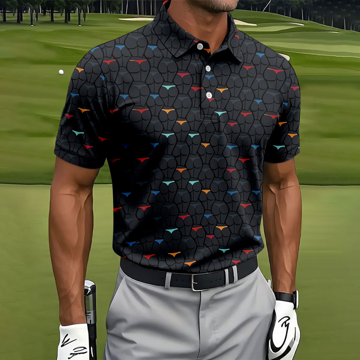 Funny Colorful Panty Butt Pattern Golf Polo Shirt, Printed Golf Shirts, Men's Golf Shirt