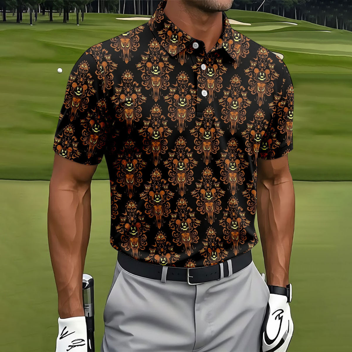 Haunted Face Wallpaper Halloween Golf Polo Shirt, Golf Polo For Men, Golf Apparel Shirt