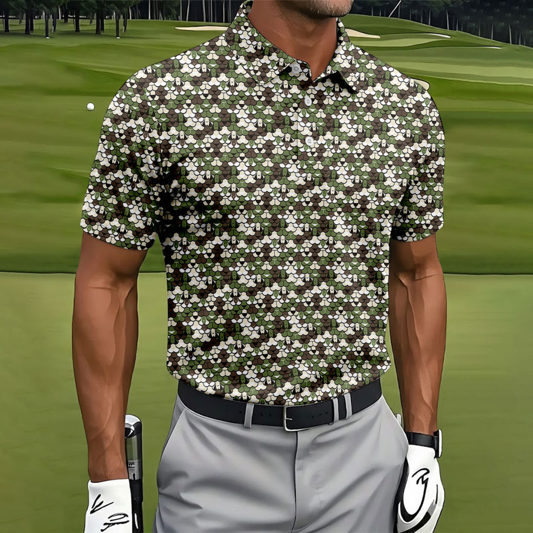 Adult Humor Mermaid Scale Golf Shirt, Woodland Scale Pattern Polo, Polo Shirts For Men