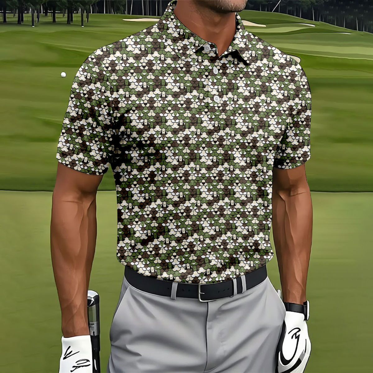 Adult Humor Mermaid Scale Golf Shirt, Woodland Scale Pattern Polo, Polo Shirts For Men