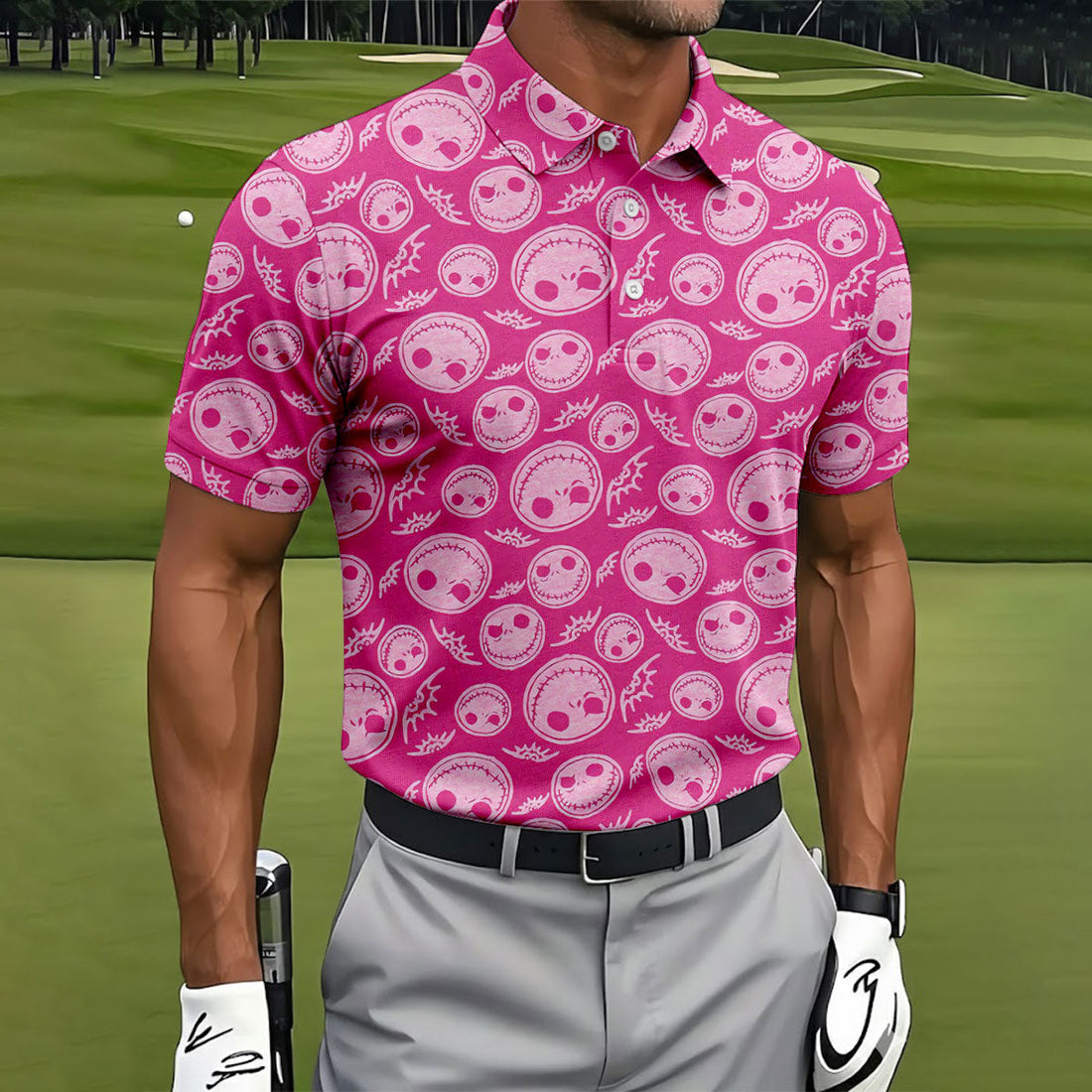 Pink Stitched Skull Halloween Golf Polo Shirt, Golf Shirts For Men, Mens Golf Apparel