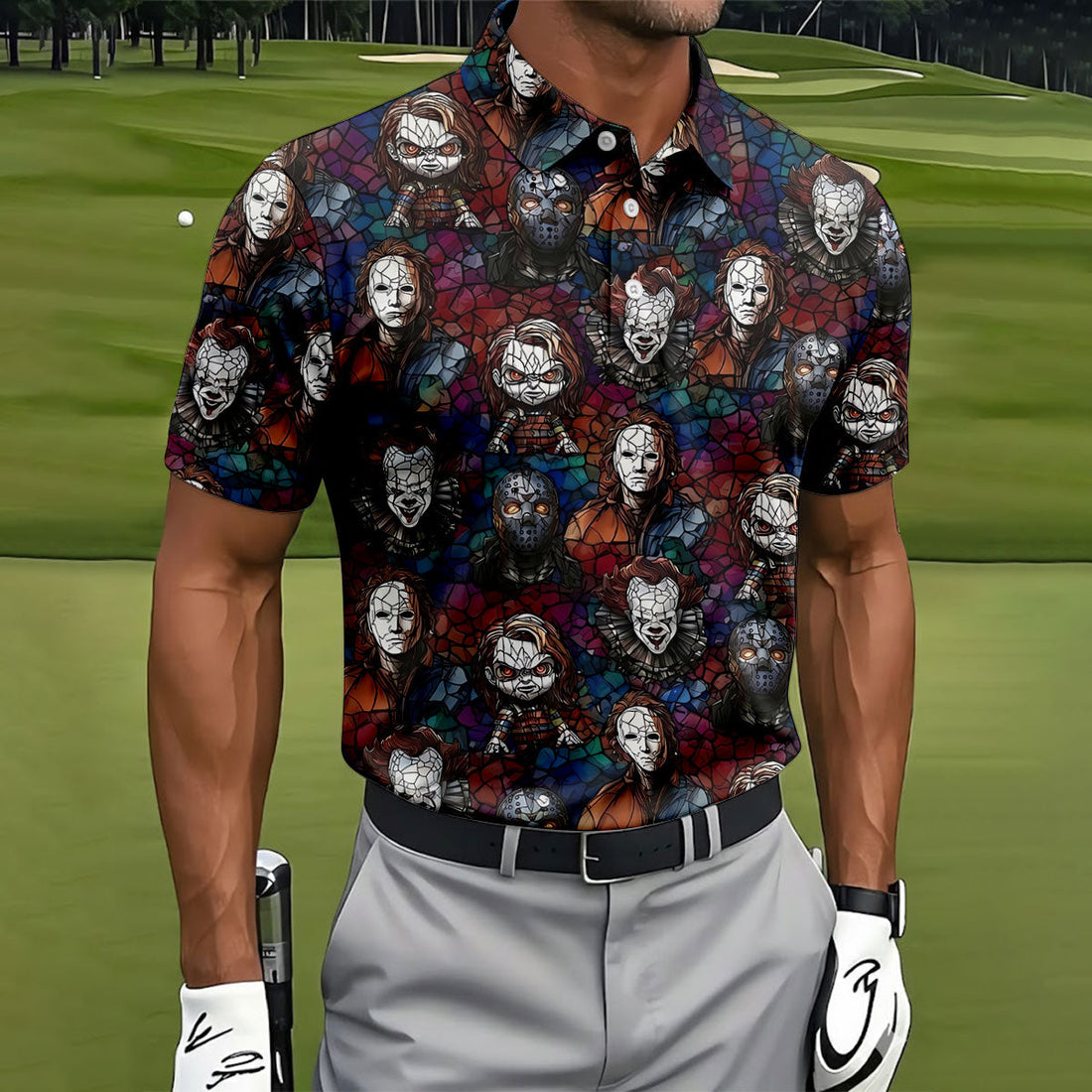 Stained Glass Horror Character Halloween Golf Shirt, Mens Polo Shirts, Golf Apparel For Men