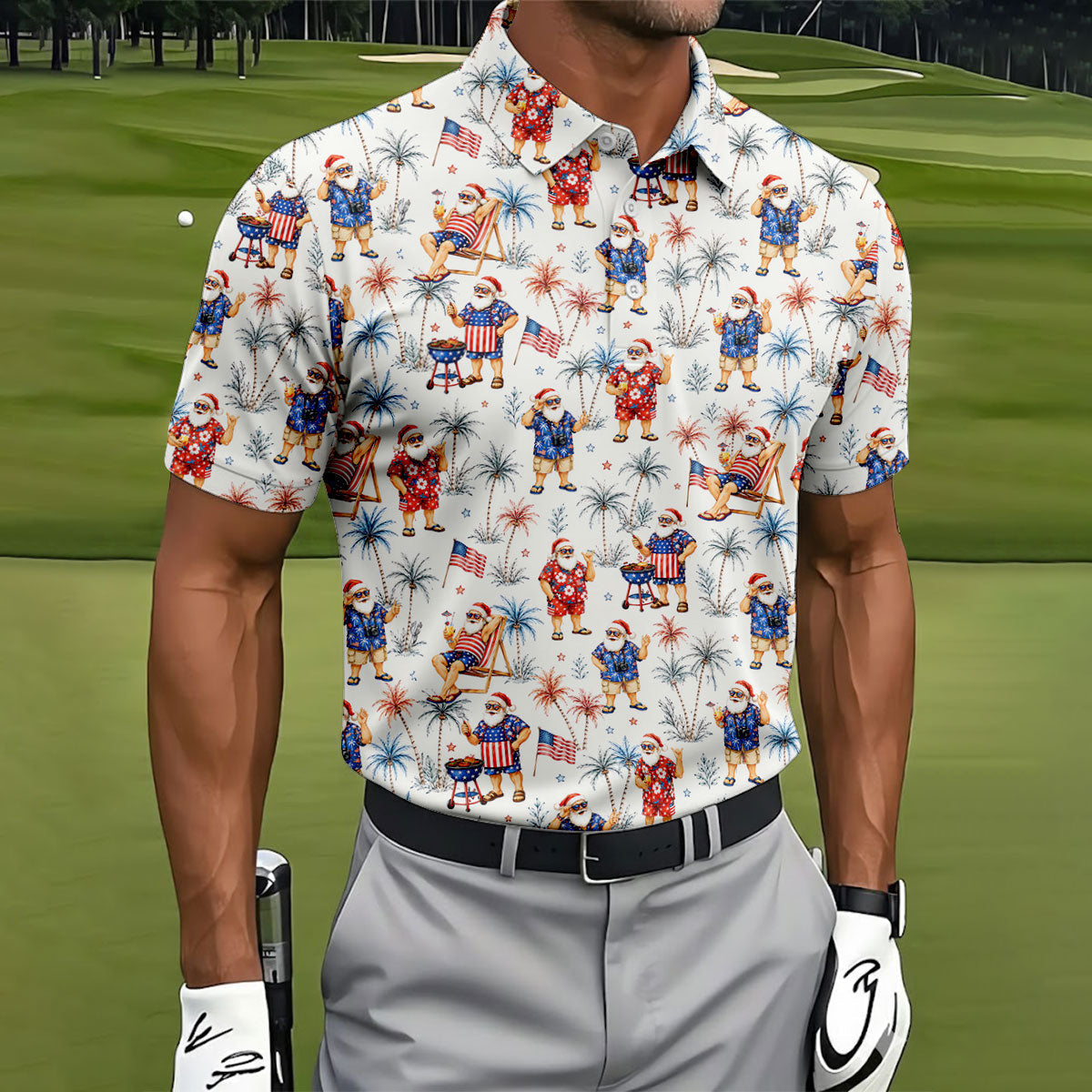 Patriotic Santa Tropical Christmas Polo Shirt, Mens Golf Polo, Hawaiian Golf Shirt