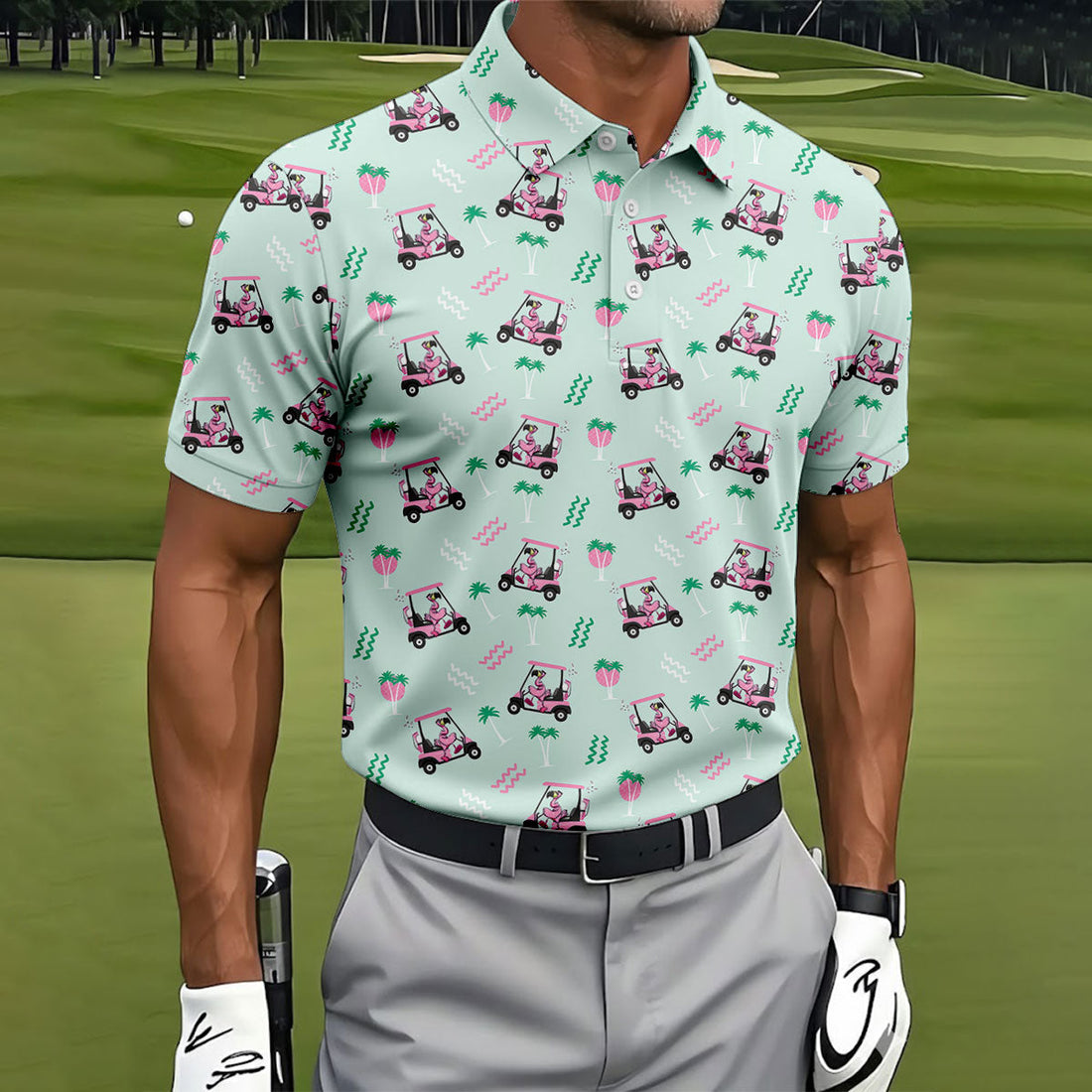 Funny Flamingo Golf Cart Tropical Pattern Polo Shirt, Mens Golf Polo, Golf Apparel For Men