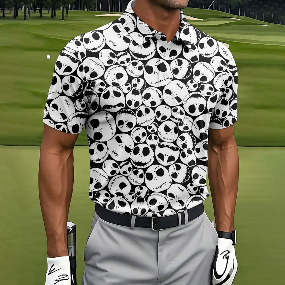 Horror Character Skull Face All Over Golf Polo Shirt, Golf Apparel For Men, Mens Polo Shirts