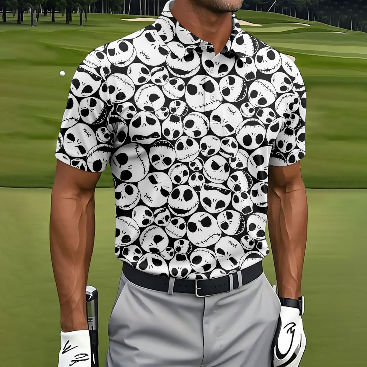 Horror Character Skull Face All Over Golf Polo Shirt, Golf Apparel For Men, Mens Polo Shirts