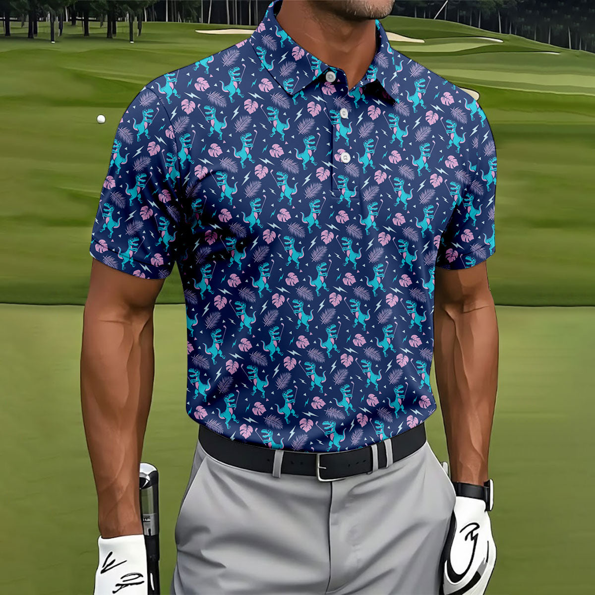 Funny Dinosaur Golfer Tropical Pattern Polo Shirt, Mens Golf Polo, Printed Golf Shirts