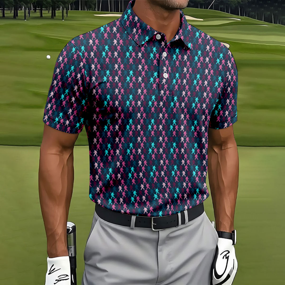 Funny Colorful Bigfoot Golfer Pattern Polo Shirt, Polo Shirts For Men, Mens Golf Shirts