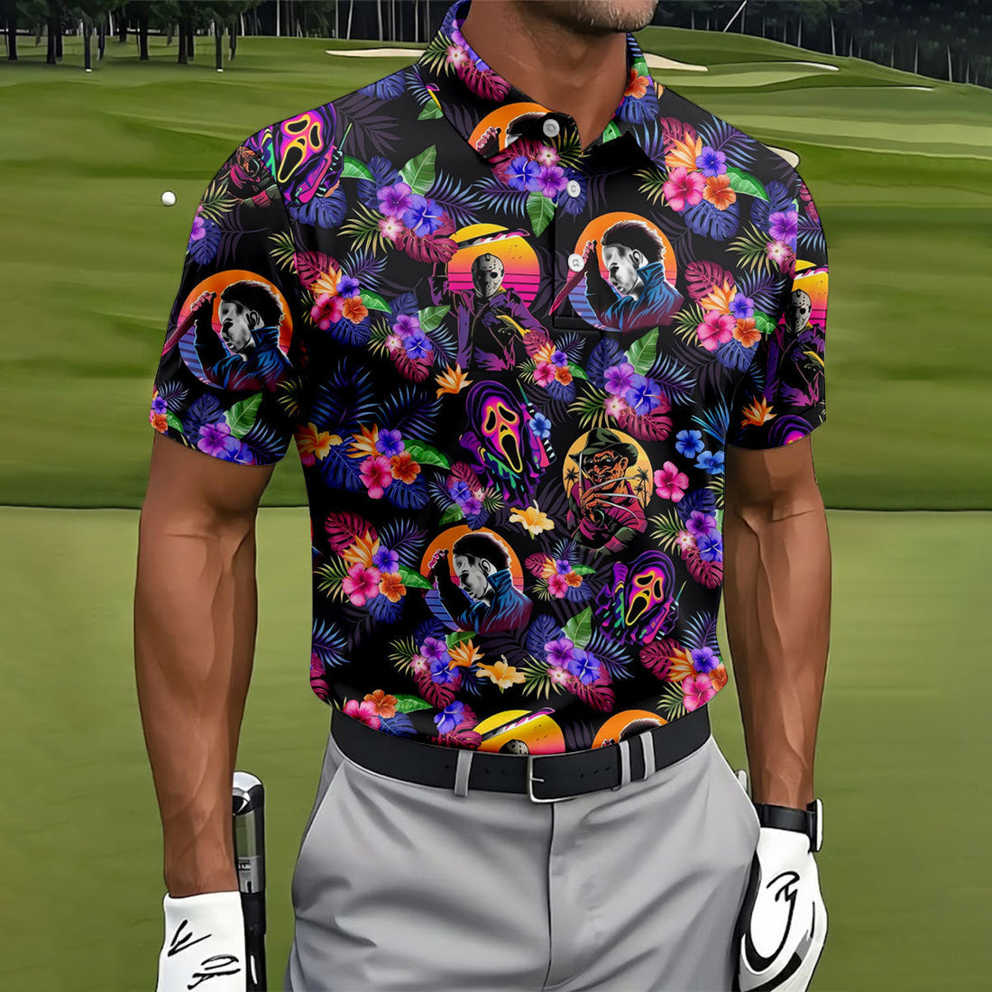 Retro Neon Horror Character Halloween Golf Shirt, Mens Golf Polo, Hawaiian Golf Shirt