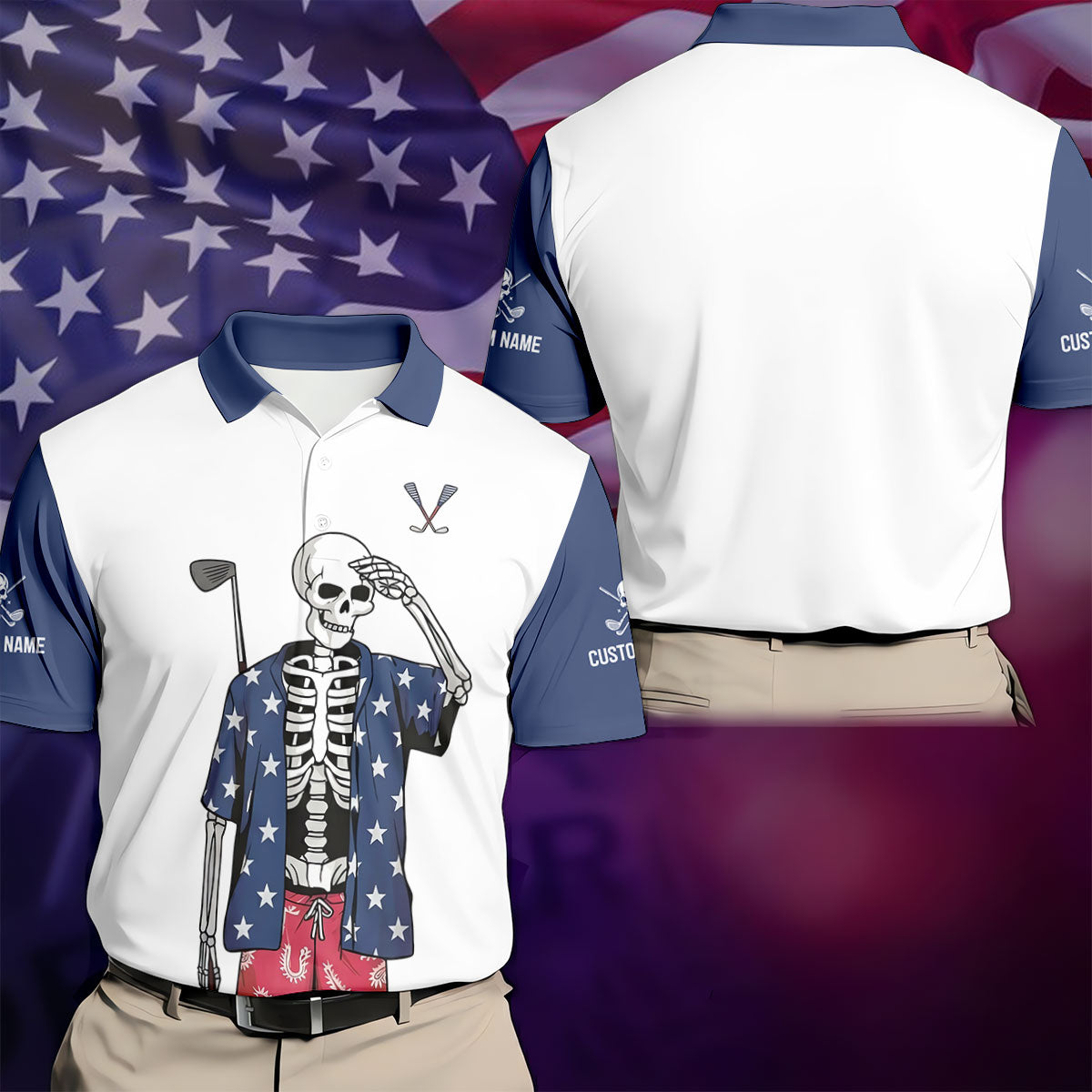 Skeleton Golf White Navy 4th Of July Patriotic Golf Shirt, 250 Years Golf Shirts For Men