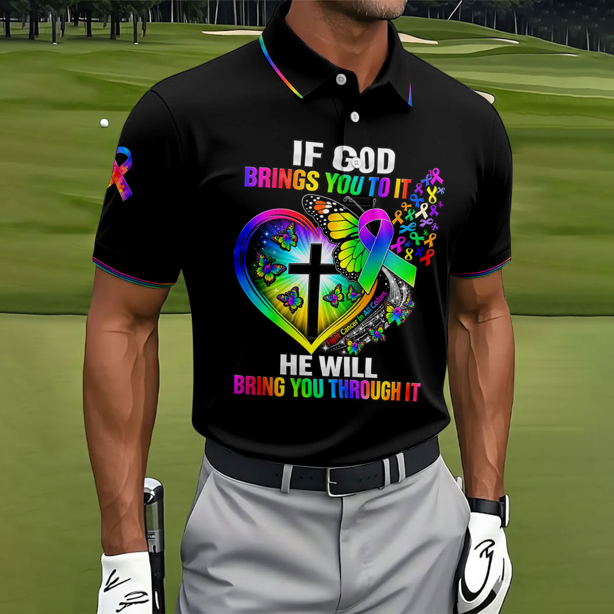 If God Brings You To It Butterfly Cancer Polo Shirt, Mens Golf Polo, Men's Golf Shirt