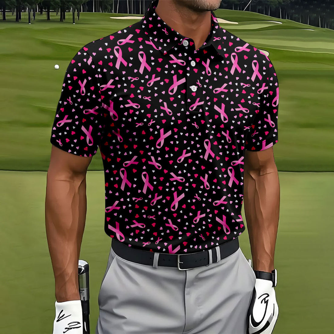 Black Pink Ribbon Heart Breast Cancer Polo Shirt, Golf Shirts For Men, Mens Golf Apparel